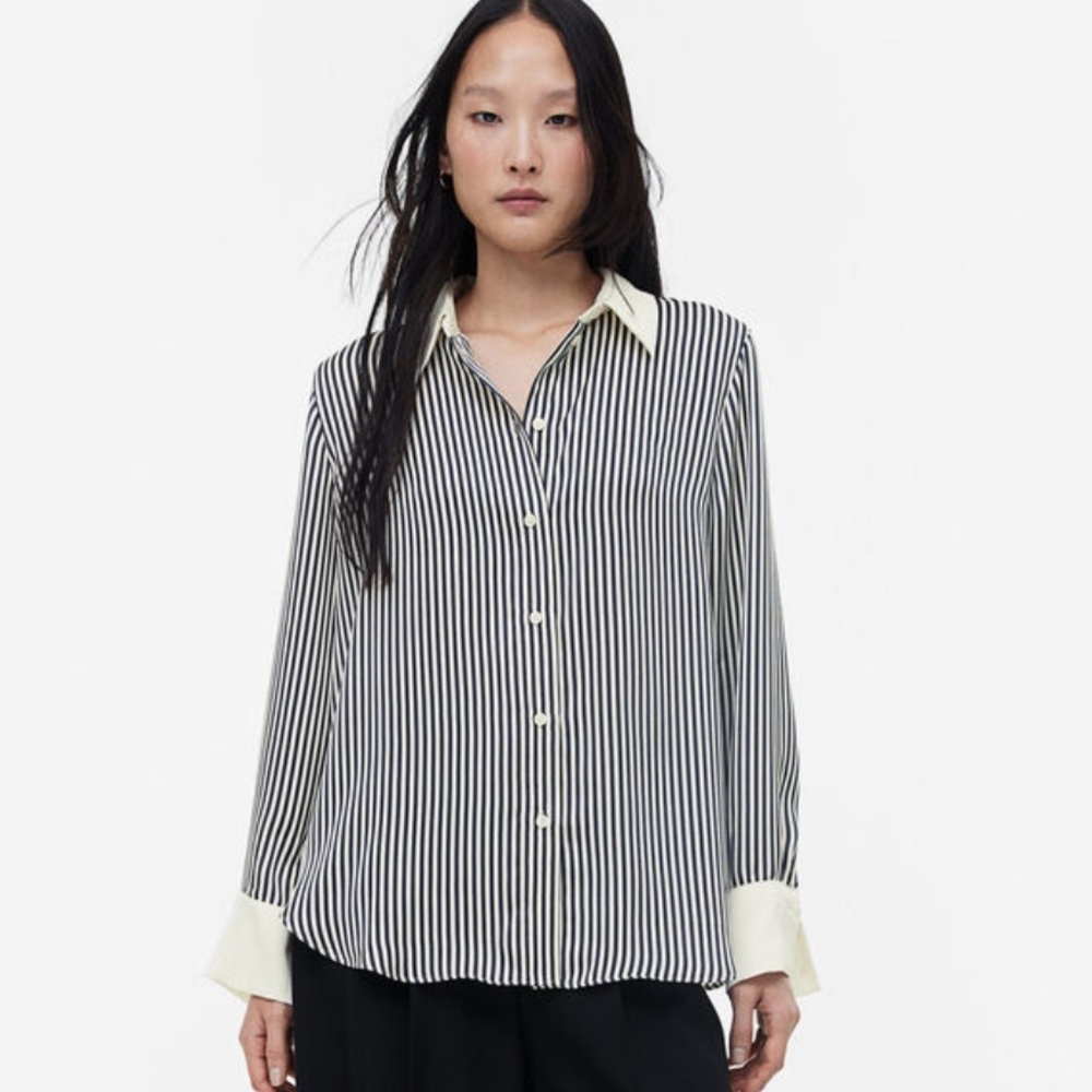 H&M Pointed Collar Striped Black and Cream Women's Button Up